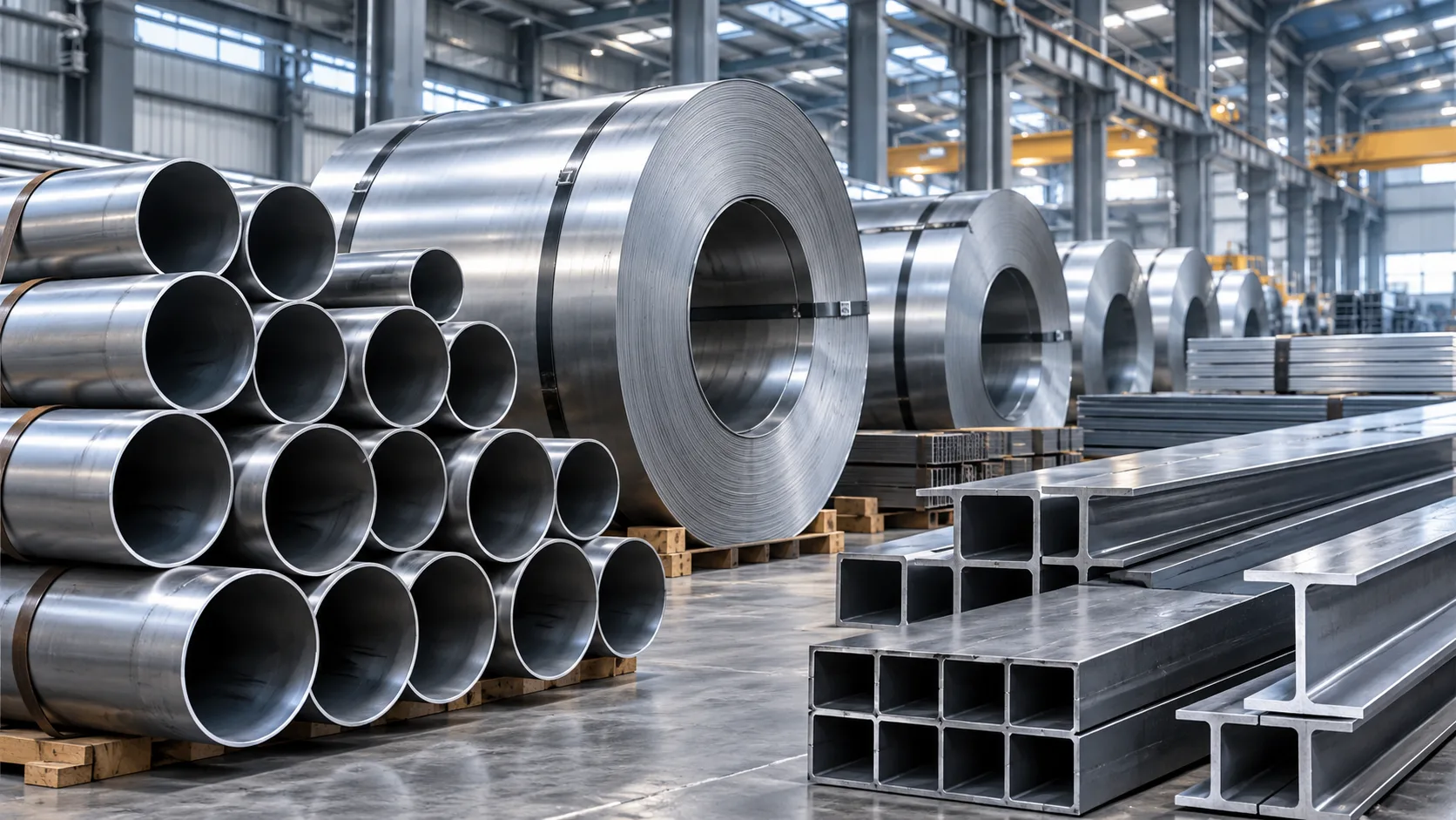Steel pipes, coils and structural beams in a modern warehouse